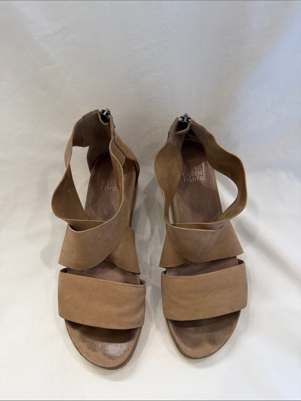 Eileen Fisher Tan Suede Crisscross Wedge Sandals